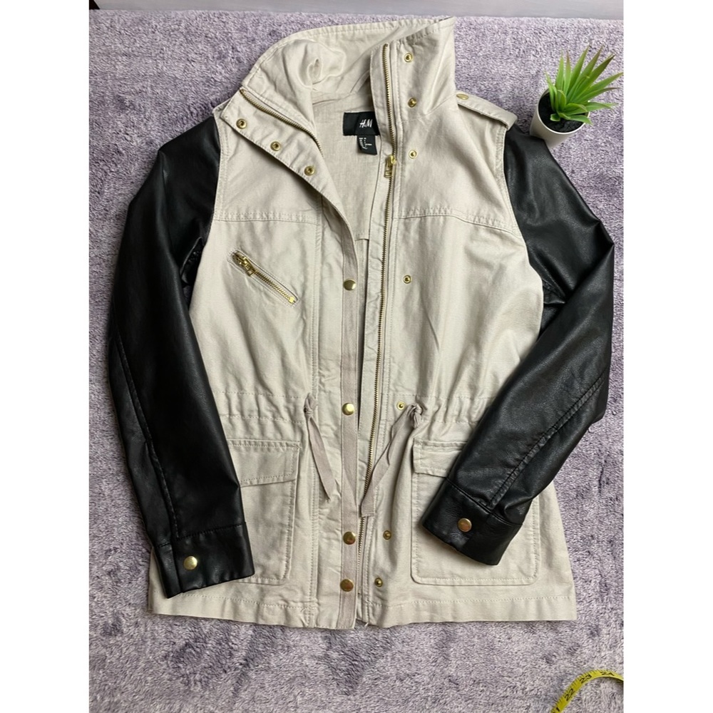 H&M Beige Utility Jacket Faux Leather Sleeves 4